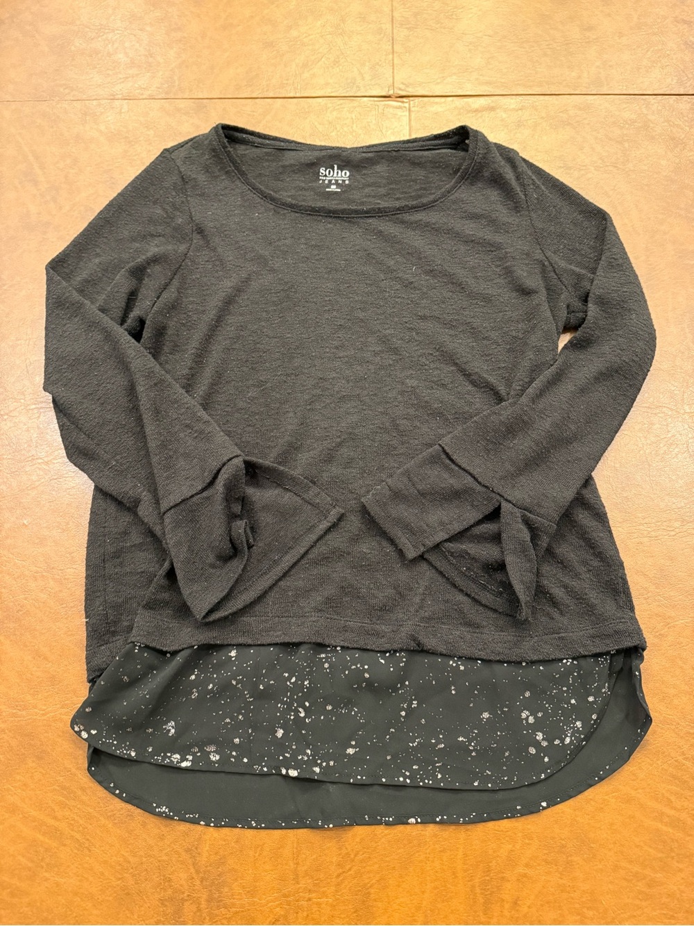New York & Company Black Layered Long-Sleeve Tunic with Printed Hem